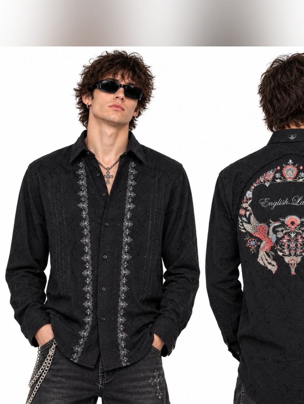 English Laundry Black Embroidered Long-Sleeve Shirt
